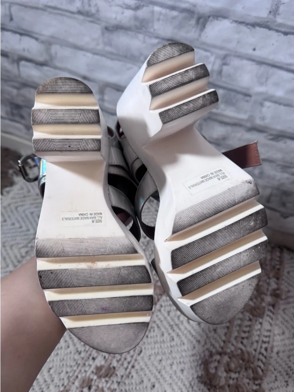 Qupid Holographic Silver White Chunky Platform Sandals Heels